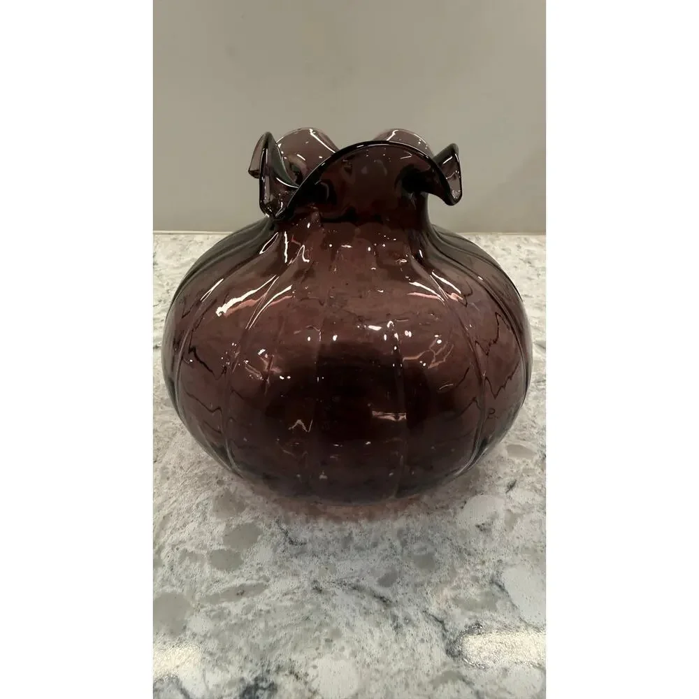Vintage Amethyst Purple Ribbed Art Glass Vase Ruffled Rim Pontil Mark 5